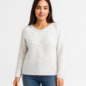 Ruby Rd. Sweater White Fuzzy Floral Appliqué Knit Size L NWT